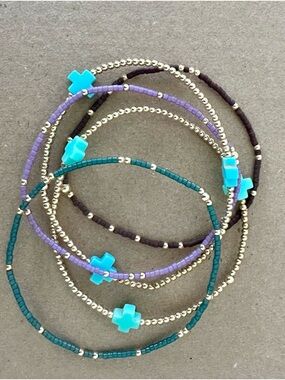 Handmade Inspired- Turquoise Cross Bead Stretch Bracelet Set - Women Jewelry